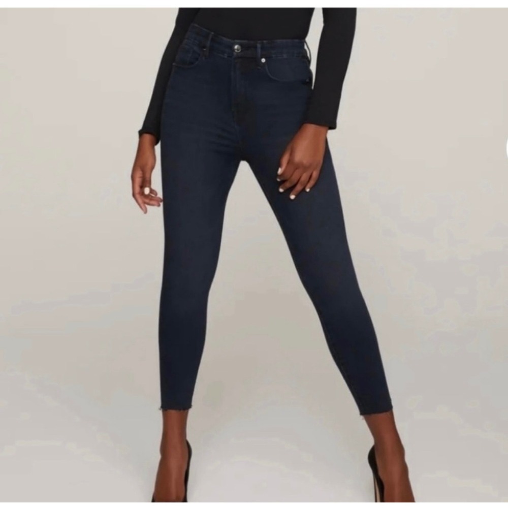Good American Good Waist Crop JeansRaw Edge Hem Skinny Dark Blue Sz 27